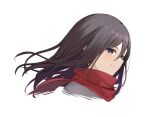  1girl absurdres bangs black_eyes black_hair closed_mouth eki_doki eyebrows_visible_through_hair floating_hair hair_between_eyes highres long_hair mikasa_ackerman portrait red_scarf scarf shingeki_no_kyojin shiny shiny_hair simple_background smile solo straight_hair white_background 