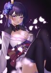  1girl bangs black_gloves black_legwear blush breasts bridal_gauntlets cherry_blossoms cleavage eyebrows_visible_through_hair genshin_impact gloves gradient gradient_background hair_ornament hand_on_own_chest highres japanese_clothes kimono large_breasts long_hair looking_at_viewer obi off_shoulder open_mouth petals purple_background purple_eyes purple_hair purple_kimono raiden_shogun sash sitting solo soukoku thighhighs 