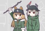  2girls animal_ears arknights brown_eyes brown_hair ceobe_(arknights) coat commentary_request cosplay fang hat highres horns keiro_n long_hair multiple_girls red_eyes shoujo_shuumatsu_ryokou vulcan_(arknights) 