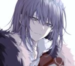  1boy bangs box cape closed_mouth crown diamond_hairband eyebrows_visible_through_hair fate/grand_order fate_(series) food fur-trimmed_cape fur_trim gift heart-shaped_box highres holding holding_food light_smile lightning_hair long_hair long_sleeves male_focus nozz177 oberon_(fate) simple_background smile solo spoilers upper_body valentine 