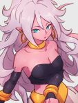  1girl android_21 bare_shoulders blue_eyes bracelet breasts choker cleavage collarbone colored_skin dragon_ball dragon_ball_fighterz earrings grey_background hoop_earrings jewelry kemachiku long_hair looking_at_viewer majin_android_21 medium_breasts pink_hair pink_skin simple_background solo tail yellow_choker 