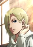  1girl absurdres alternate_costume alternate_hairstyle annie_leonhardt blonde_hair blue_eyes casual hair_between_eyes highres hood hood_down hoodie indoors long_sleeves looking_at_viewer official_style portrait shin_oekaki shingeki_no_kyojin smile solo sunlight white_hoodie 