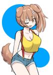  1girl animal_ears bangs bare_arms bare_legs bone_hair_ornament breasts brown_eyes brown_hair cleavage collarbone commentary cosplay cowboy_shot denim denim_shorts dog_ears dog_girl dog_tail eyebrows_visible_through_hair hair_ornament highres hololive inugami_korone large_breasts looking_at_viewer midriff misty_(pokemon) misty_(pokemon)_(cosplay) navel one_eye_closed open_mouth pokemon sabaku_chitai short_shorts shorts side_ponytail simple_background sketch sleeveless smile solo standing stomach suspender_shorts suspenders tail tank_top virtual_youtuber white_background yellow_tank_top 