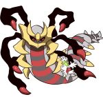  black_sclera closed_mouth colored_sclera commentary_request eye_contact giratina giratina_(origin) korean_commentary looking_at_another looking_down no_humans pokemon pokemon_(creature) red_eyes rnehrdyd1212 shaymin shaymin_(sky) shiny smile spikes 