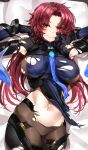  1girl absurdres areolae bangs bazett_fraga_mcremitz black_bodysuit blue_bodysuit blush bodysuit breasts breasts_apart casul covered_nipples cowboy_shot fate/grand_order fate_(series) forehead gloves grin groin hands_up highres impossible_clothes large_breasts long_hair looking_at_viewer low_ponytail lying manannan_mac_lir_(fate) navel necktie on_back parted_bangs parted_hair pelvic_curtain purple_hair red_eyes red_hair ribbed_bodysuit smile solo thighs torn_bodysuit torn_clothes two-tone_bodysuit 