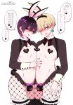  2boys animal_ears black_legwear blonde_hair blush bow bowtie crossdressing fake_animal_ears fishnets frills hair_over_one_eye heart heart_pasties long_sleeves male_focus male_playboy_bunny meme_attire multiple_boys nagano_rira navel open_mouth original otoko_no_ko pasties rabbit_ears reverse_bunnysuit reverse_outfit short_hair shrug_(clothing) smile speech_bubble testicle_peek thighhighs translation_request 