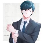  1boy artist_name black_suit brown_eyes formal green_hair highres light_smile long_sleeves male_focus necktie p45fmj ryman&#039;s_club shiratori_mikoto_(ryman&#039;s_club) short_hair simple_background solo suit upper_body 