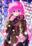  1girl :d bangs black_gloves blue_eyes blurry blurry_background braid brown_coat coat commentary eyebrows_visible_through_hair floating_hair gloves hair_between_eyes highres hihooo holding_hands long_hair long_sleeves looking_at_viewer megurine_luka night outdoors pink_hair pov pov_hands red_scarf scarf smile standing very_long_hair vocaloid white_gloves winter winter_clothes winter_coat 