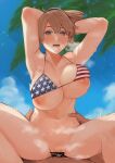  1boy 1girl absurdres american_flag_bikini armpits beach bikini blush breasts brown_hair censored commission commissioner_upload cowgirl_position feet_out_of_frame female_pubic_hair flag_print hands_on_another&#039;s_hips heart heart-shaped_pupils hetero highres intrepid_(kancolle) kantai_collection large_breasts looking_at_viewer nipples outdoors palm_tree ponytail pubic_hair sex short_hair skeb_commission straddling sweat swimsuit symbol-shaped_pupils tree wasavi_8 
