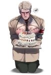  1boy absurdres bara bare_pectorals between_pectorals blonde_hair blush cake candle clothes_lift cum cum_on_body cum_on_boy cum_on_pectorals facial food full_body happy_birthday highres holding holding_food kneeling kyojinjoa large_pectorals male_focus marley_military_uniform necktie necktie_between_pectorals pectorals reiner_braun shingeki_no_kyojin shirt_lift short_hair solo underpec 