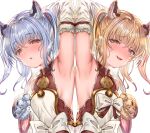  2girls aldehyde arm_behind_head armpits bai_(granblue_fantasy) bangs blonde_hair blue_hair breasts cidala_(granblue_fantasy) detached_sleeves erune eyebrows_visible_through_hair granblue_fantasy highres huang_(granblue_fantasy) looking_at_viewer multiple_girls short_hair siblings simple_background sisters small_breasts smile sweat twins twintails upper_body white_background yellow_eyes 