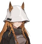  1girl animal_ears arknights black_jacket blush braid breasts brown_hair ceobe_(arknights) ceobe_(unfettered)_(arknights) closed_mouth commentary_request dog_ears dog_girl ears_through_headwear hat_over_eyes jacket jason_kim long_hair oversized_clothes simple_background solo twin_braids white_background white_headwear 