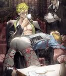  abs bara bdsm black_pants black_suit blush bondage bound human_furniture male_focus muscular muscular_male newspaper one_piece pants pectoral_cleavage pectorals roronoa_zoro runa_(artist) sanji scar scar_on_chest sex_toy tea tight toned toned_male twitching 