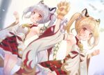  2girls animal_ears animal_hands bai_(granblue_fantasy) bare_shoulders bell blonde_hair blush cidala_(granblue_fantasy) claw_pose detached_sleeves dress erune fubuki_rinne gloves granblue_fantasy grey_hair hair_bobbles hair_ornament highres huang_(granblue_fantasy) jingle_bell looking_at_viewer multiple_girls outdoors paw_gloves red_eyes siblings sleeveless sleeveless_dress smile tail teeth tiger_ears tiger_girl tiger_paws tiger_tail twins twintails wide_sleeves 