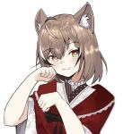  1girl :3 ahoge animal_ears bangs blush brown_eyes brown_hair cat_ears hololive hololive_english japanese_clothes kimono looking_at_viewer mayuchii nanashi_mumei official_alternate_costume red_shawl ribbon short_hair solo virtual_youtuber white_kimono 