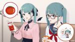  2girls absurdres bandaid bandaid_on_neck bat_wings black_bow black_nails blue_eyes blue_hair blue_sailor_collar bow carton cinderella_(vocaloid) commentary_request couch detached_wings drinking_straw facial_tattoo glasses hair_bow hair_ornament hatsune_miku heart heart_hair_ornament heart_tattoo highres indoors long_hair long_sleeves multiple_girls neckerchief orange_juice pink_shirt puffy_long_sleeves puffy_sleeves rectangular_eyewear red-framed_eyewear red_neckerchief rozu_ki sailor_collar school_uniform serafuku shirt sitting songover sparkle speech_bubble sweat tattoo tomato_juice twintails vampire_(vocaloid) vocaloid wings 