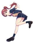  1girl amangu ass bad_proportions black_footwear black_legwear blazer blush bow brown_eyes brown_hair full_body highres jacket kirishima_jun long_hair looking_at_viewer megaton_musashi school_uniform simple_background skirt socks solo twintails white_background 