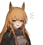  1girl animal_ears arknights bangs black_jacket blush braid breasts brown_hair ceobe_(arknights) ceobe_(unfettered)_(arknights) commentary_request dog_ears dog_girl eyebrows_visible_through_hair eyes_visible_through_hair fang hair_over_one_eye jacket jason_kim long_hair looking_at_viewer notice_lines oversized_clothes red_eyes simple_background skin_fang smile solo twin_braids white_background 