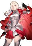  1girl absurdres alternate_costume alternate_hairstyle armor axe bangs black_gloves breastplate cape edelgard_von_hresvelg fire_emblem fire_emblem:_three_houses fire_emblem_warriors:_three_hopes gloves hair_ornament hair_ribbon hanny_(uirusu_chan) highres long_hair long_sleeves looking_at_viewer official_alternate_costume official_alternate_hairstyle purple_eyes red_cape ribbon simple_background skirt solo thighhighs weapon white_hair 