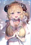  1girl :d animal_ears blonde_hair breasts collarbone commentary curled_horns english_commentary engrish_commentary hair_ornament hairclip highres hololive horns interlocked_fingers large_breasts looking_at_viewer midriff neck_ribbon open_mouth own_hands_together purple_eyes red_ribbon redcomet ribbon round_teeth sheep_ears sheep_girl sheep_horns short_hair short_sleeves side_ponytail smile solo teeth tsunomaki_watame upper_body upper_teeth virtual_youtuber 