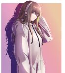  1girl 3_small_spiders absurdres bangs blush brown_eyes brown_hair closed_mouth eyebrows_visible_through_hair girls&#039;_frontline hand_on_head headphones highres hood hoodie long_hair looking_at_viewer m4a1_(girls&#039;_frontline) multicolored_hair shadow simple_background smile solo upper_body white_hoodie 
