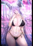  +_+ 1girl absurdres bangs bikini blue_hair blush breasts cleavage collarbone curled_horns eyebrows_visible_through_hair fate/grand_order fate_(series) hair_between_eyes hand_on_own_chin highres horns large_breasts long_hair looking_at_viewer navel pointy_ears purple_eyes redbone revealing_clothes solo stomach stomach_tattoo swimsuit tattoo thighs tiamat_(fate) upper_body very_long_hair 