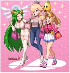  3girls absurdres alternate_costume alternate_hairstyle bag blonde_hair boots breasts casual cleavage cleavage_cutout clothing_cutout crown denim floating green_hair hair_over_one_eye high_heel_boots high_heels highres jacket jeans kid_icarus kid_icarus_uprising long_hair luma_(mario) mario_(series) mini_crown miniskirt multiple_girls palutena pants pleated_skirt pointy_ears ponytail princess_zelda rosalina sarukaiwolf shoes shopping_bag shoulder_cutout skirt smile sneakers star_cutout super_mario_galaxy super_smash_bros. the_legend_of_zelda the_legend_of_zelda:_a_link_between_worlds thigh_boots thighhighs tiara turtleneck very_long_hair walking 