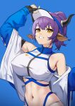  1girl adjusting_clothes adjusting_headwear animal_ears arknights arm_up bangs bare_shoulders bikini black_gloves blue_background blue_jacket breasts commentary covered_nipples ett fingerless_gloves gloves grin highres horns jacket large_breasts long_sleeves looking_at_viewer navel off_shoulder open_clothes open_jacket purple_hair short_hair sideroca_(arknights) sideroca_(light_breeze)_(arknights) simple_background smile solo stomach sweat swimsuit upper_body visor_cap white_bikini yellow_eyes 