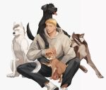  1boy absurdres animalization bandage_over_one_eye bertolt_hoover blonde_hair casual dog eren_yeager full_body highres hood hood_down jean_kirchstein kogu_(nue_insideout) male_focus porco_galliard reiner_braun shingeki_no_kyojin short_hair sitting smile solo_focus spread_legs 