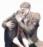  2boys abs armband bare_pectorals black_pants blood blood_on_face collared_shirt couple death feet_out_of_frame hand_on_another&#039;s_face head_kiss highres jacket jacket_on_shoulders leaning_on_person male_focus marley_military_uniform multiple_boys o3tofu pants pectorals porco_galliard reiner_braun sad shingeki_no_kyojin shirt short_hair spoilers toned toned_male undercut yaoi 
