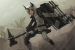 1girl arknights brown_hair buttons choker commentary_request hammer highres holding holding_weapon hood hood_up hoodie horns kensei_(v2) originium_(arknights) prosthesis prosthetic_leg red_eyes shield shirt skirt solo vulcan_(arknights) weapon white_shirt 
