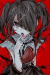  1girl 22_29 ame-chan_(needy_girl_overdose) black_hair black_nails blood brown_eyes crying drugs hair_ornament hair_over_one_eye hairclip highres lsd needy_girl_overdose open_mouth self_harm short_sleeves slit_wrist solo twintails 