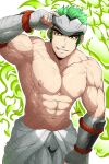  1boy abs absurdres artist_name bandaged_hand bandages bara clothes_around_waist forehead_protector genji_(overwatch) green_eyes highres kuroshinki large_pectorals looking_at_viewer male_focus muscular muscular_male navel nipples overwatch pectorals shirt shirt_around_waist shirt_removed short_hair sideburns smile solo teeth topless_male vambraces veins veiny_arms white_shirt 
