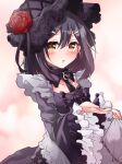  1girl bangs black_hair blush breasts brown_eyes chain chain_leash collarbone cosplay dress eyebrows_visible_through_hair fate/kaleid_liner_prisma_illya fate_(series) flower frilled_sleeves frills gothic_lolita hair_between_eyes hair_ornament hairclip highres kuroe_shizuku kuroe_shizuku_(cosplay) leash lolita_fashion long_hair long_sleeves looking_at_viewer miyu_edelfelt mochi_(k620803n) parted_lips red_flower red_rose rose small_breasts sono_bisque_doll_wa_koi_wo_suru wide_sleeves 