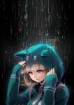  1girl absurdres adjusting_hood animal_hood backpack bag black_background breasts buttons cat_hood danganronpa_(series) danganronpa_2:_goodbye_despair flipped_hair galaga green_hoodie highres hood hood_up hoodie large_breasts light_brown_hair looking_down nanami_chiaki open_mouth parted_lips pink_bag pink_eyes rain shirt short_hair simple_background sleeves_past_wrists solo spaceship_hair_ornament white_shirt youko-shima 