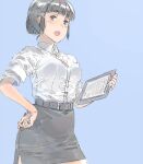  1girl black_eyes black_hair black_skirt blue_background blush collared_shirt cowboy_shot holding kantai_collection myoukou_(kancolle) open_mouth pencil_skirt shirt short_hair short_sleeves simple_background skirt solo suzumaru white_shirt 