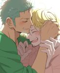  beard blonde_hair blush closed_eyes facial_hair forehead-to-forehead green_hair heads_together hug male_focus one_piece pink_clothes roronoa_zoro sanji smile taro_(honyarara00) 