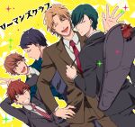  5boys :d ;d arms_behind_head arms_up ataka_takeru black_hair black_pants black_suit brown_hair brown_pants brown_suit copyright_name green_hair hand_on_hip hand_up looking_back male_focus miyasumi_tatsuru multiple_boys necktie one_eye_closed pants polka_dot red_necktie ryman&#039;s_club saeki_souta saeki_touya shiratori_mikoto_(ryman&#039;s_club) short_hair smile takeda_kouki v yellow_background yellow_eyes 