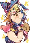  1girl :d bare_shoulders blonde_hair blue_headwear blush_stickers breasts cleavage dark_magician_girl duel_monster flipped_hair green_eyes hand_on_headwear hat highres holding holding_staff jewelry large_breasts long_hair looking_at_viewer necklace nibansu off_shoulder open_mouth pentacle pink_skirt showgirl_skirt skirt smile solo spiked_hair staff thick_thighs thighs wizard_hat yu-gi-oh! yu-gi-oh!_duel_monsters 