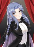  1girl anime_coloring bangs black_bow black_bowtie black_jacket blue_eyes bow bowtie braid breasts carnival_phantasm dress_shirt eyebrows_visible_through_hair fate/stay_night fate_(series) highres jacket large_breasts long_sleeves looking_at_viewer magician medea_(fate) open_clothes open_jacket parted_bangs pointy_ears purple_hair shirt side_braid solo twomoon white_shirt 
