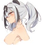  1girl arknights black_hair blush breasts closed_mouth collarbone commentary_request completely_nude cropped_torso eyewear_on_head feater_(arknights) highres large_breasts long_hair looking_to_the_side multicolored_hair nipples nude profile rasusurasu red_eyes round_eyewear silver_hair simple_background smile solo streaked_hair sunglasses twintails two-tone_hair upper_body white_background 