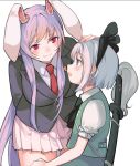  2girls animal_ears bangs bent_over black_bow black_bowtie black_hairband blazer blush bob_cut bow bowtie breasts buttons closed_mouth collared_shirt commentary_request eyelashes flat_chest green_eyes green_vest hairband hand_on_another&#039;s_head hitodama_print jacket katana konpaku_youmu large_breasts light_purple_hair long_hair looking_at_another multiple_girls necktie open_mouth pink_skirt pleated_skirt puffy_short_sleeves puffy_sleeves rabbit_ears red_eyes red_necktie reisen_udongein_inaba scabbard sheath shirt short_hair short_sleeves sidelocks silver_hair simple_background skirt smile soku_(bluerule-graypray) standing suit_jacket sweatdrop sword touhou upper_body vest weapon weapon_on_back white_background white_shirt wing_collar yuri 