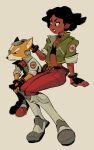  1boy 1girl alternate_skin_color animal_ears animal_nose artist_name bandana belt belt_buckle black_belt black_eyes black_gloves black_hair black_skin body_fur boots brown_fur buckle choker closed_mouth colored_skin english_commentary fingerless_gloves fox_boy fox_ears fox_mccloud frown furry furry_male gloves green_jacket green_shirt grey_background hand_on_another&#039;s_head headgear highres imkrisyim jacket light_blush open_clothes open_jacket pants prototype red_bandana red_footwear red_pants shirt short-haired_woman_(star_fox_2_prototype) short_hair simple_background sitting smile snout star_fox_2 thick_eyebrows two-tone_fur v-shaped_eyebrows white_footwear white_fur white_jacket zipper 
