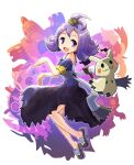  1girl :3 acerola_(pokemon) antenna_hair armlet bangs blue_footwear blush blush_stickers commentary dhelmise dress drifblim flat_chest froslass full_body hair_ornament hands_up happy highres light_blush looking_back looking_to_the_side menome mimikyu open_mouth outline palossand pokemon pokemon_(creature) pokemon_(game) pokemon_sm purple_dress purple_eyes purple_hair sableye sandals shiny shiny_hair short_hair short_sleeves smile solo_focus white_background white_outline 