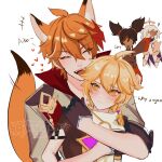  2boys 2girls aether_(genshin_impact) animal_ears bangs black_gloves black_hair blonde_hair blush braid breasts closed_eyes closed_mouth dark-skinned_female dark_skin dress earrings english_text eyebrows_visible_through_hair fox_ears fox_tail genshin_impact gloves hair_between_eyes hair_ornament halo highres jacket jewelry long_hair long_sleeves male_focus mask mask_on_head multicolored_hair multiple_boys multiple_girls open_mouth orange_hair oxygen paimon_(genshin_impact) short_hair single_earring smile streaked_hair tail tartaglia_(genshin_impact) twintails twitter_username white_background white_hair xinyan_(genshin_impact) yaoi yellow_eyes 