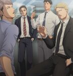  4boys alternate_costume alternate_universe bertolt_hoover black_necktie black_pants blue_necktie bun_(bbb81bun) cigarette eren_yeager facial_hair feet_out_of_frame goatee jean_kirchstein looking_at_viewer male_focus multiple_boys necktie older pants pectorals red_necktie reiner_braun salaryman shingeki_no_kyojin short_hair smoke smoking standing thick_thighs thighs 