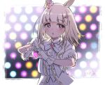  1girl :o animal_ears artist_name backlighting blurry blush bokeh bow bowtie brooch coat depth_of_field diffraction_spikes gloves hair_bow hair_ornament hairclip happy_meek_(umamusume) heart heart_hands horse_ears jewelry looking_at_viewer medium_hair pink_eyes puffy_short_sleeves puffy_sleeves puzzle157xxx shirt short_sleeves solo stage_lights sweat uma_pyoi_densetsu umamusume upper_body vest white_coat white_gloves white_shirt 