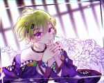  1boy dear_vocalist ear_piercing flower green_hair hair_ornament hairclip japanese_clothes jeje_(pixiv60670177) jewelry looking_at_viewer male_focus momochi_(dear_vocalist) nail_polish pale_skin piercing purple_eyes ring solo 