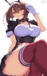  1girl black_skirt blush breasts brown_hair cleavage collarbone gloves green_eyes grin hand_in_hair headgear highres kantai_collection large_breasts looking_at_viewer midriff mutsu_(kancolle) mutsu_kai_ni_(kancolle) parted_lips pleated_skirt red_legwear short_hair shrug_(clothing) simple_background sitting skirt smile solo striped striped_skirt thighhighs thighs utsumi_karmin white_background white_gloves 