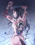  1girl animal_ears arknights arms_up ass bangs bed_sheet black_hair breasts completely_nude cowboy_shot dog_tags eyebrows_visible_through_hair from_above from_behind full-body_tattoo haidan_uniiii highres long_hair looking_at_viewer looking_back looking_up lying medium_breasts nude on_bed on_stomach orange_eyes parted_lips sideboob solo tail tattoo texas_(arknights) wolf_ears wolf_girl wolf_tail 